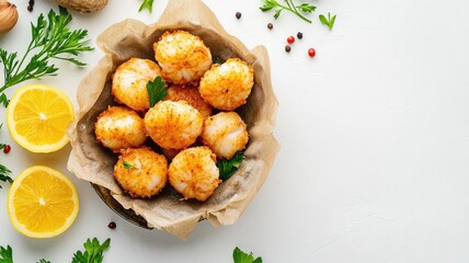 Golden crispy rice balls with herbs, lemon, and spices