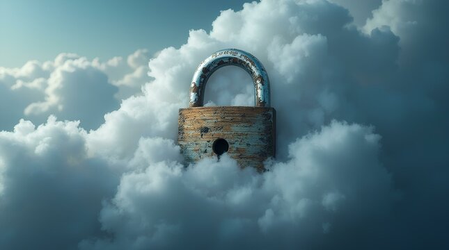 Padlock engulfed in cloud security encryption imaginative clouded protection lock files surreal safety unique fog
