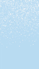 Falling snowflakes christmas background. Subtle flying snow flakes and stars on light blue winter backdrop. Beautifully falling snowflakes overlay. Vertical vector illustration.