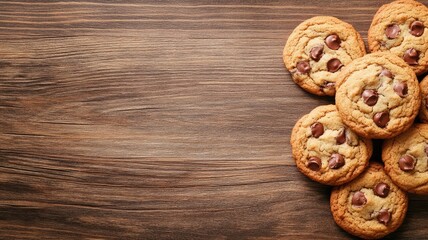 Fototapeta premium Chocolate chip cookies on wooden surface Eight with visible chocolate pieces in cluster