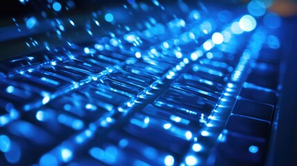 Illuminated keyboard with blue light, emphasizing technology