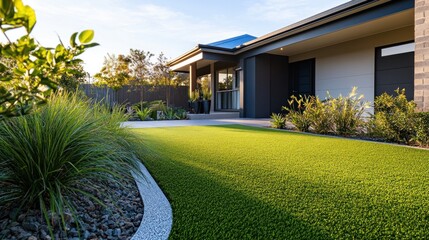 Obraz premium A house with a large lawn and a black fence. Man providing professional lawn care and landscaping services. Concept Lawn Care, Landscaping, Gardening, Outdoor Maintenance, Professional Services