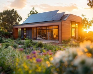 An eco-conscious design for a sustainable home, featuring large windows, solar panels, and lush green gardens, captured at sunset  Eco-Friendly  Golden Hour  Photography