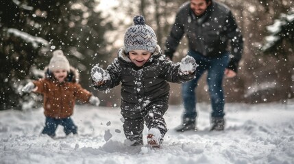 A young child runs through the snow, chased by another child and an adult.