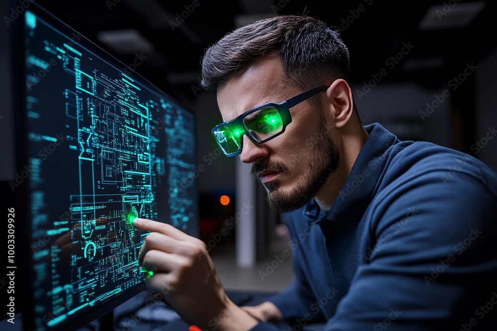 Poster A high-tech cityâ€™s network being ethically hacked, with advanced AI and holographic systems glowing with green alerts as the hacker analyzes vulnerabilities