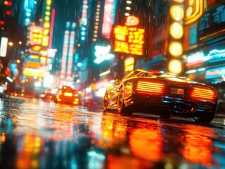Fototapeta premium An urban street photography scene with a futuristic twist, capturing vibrant neon signs, fast-moving vehicles, and bustling city life at night Cyberpunk Neon High Detail