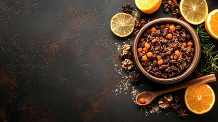 Cracked wheat dish in bowl, surrounded by citrus, nuts, and spices