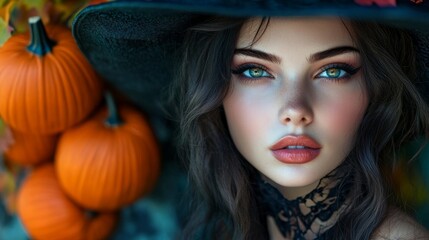 Enchanting Witch in Autumn Setting with Pumpkins and Magical Atmosphere