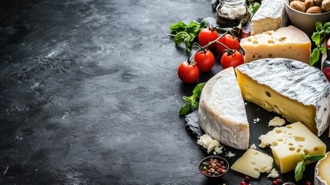 Assorted cheeses with tomatoes and spices on dark background
