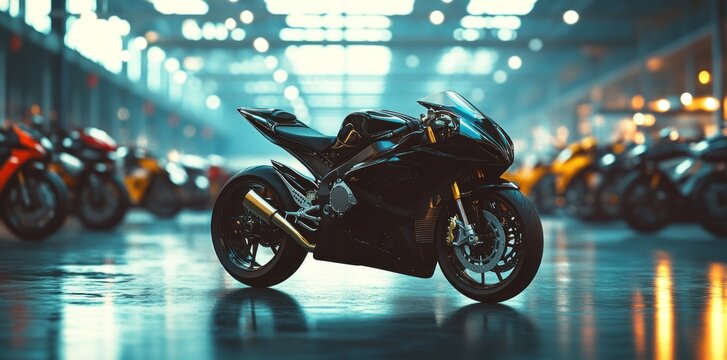 Black cruiser motorcycle parked on a city street with skyscrapers and sunset sky