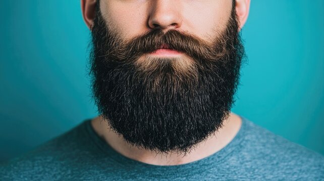 Close-up of bearded man with thick, dark beard against blue background