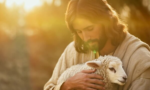 The good shepherd and the Son of God, Jesus Christ with a lamb in his hands. The Christian Symbol of Faith and Christianity