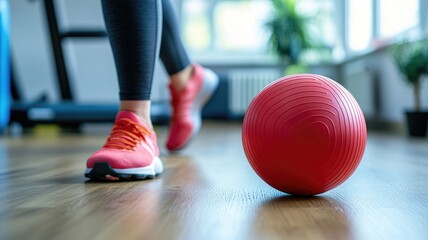 Fototapeta premium Person in athletic gear with red ball on wooden floor gym