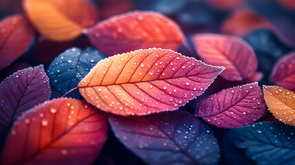 Colorful Autumn Leaves with Dew Drops - Macro Photography