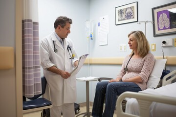 Obraz premium Adult caucasian woman sitting on hospital couch with doctor. Female patient appointment with male physician. Doctor examining patient with clipboard in hand. Medical consultation in hospital office.