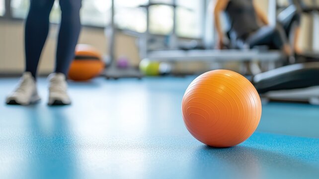 Close-up of orange exercise ball on gym floor
