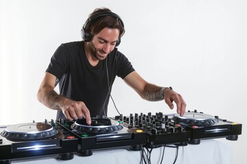 Male DJ spins music on a modern soundboard with white background. Young caucasian man wears...