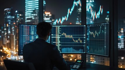 Fototapeta premium Financial Analyst Reviewing Stock Market Data at Night
