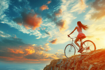 Fototapeta premium woman stands on rocky cliff, gazing at stunning sunset while holding her bicycle. vibrant colors of sky create serene and inspiring atmosphere