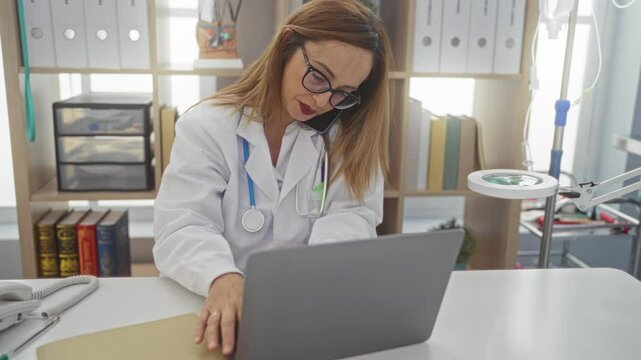 Female doctor working on laptop in clinic office while talking on phone, wearing white coat and glasses, with stethoscope around neck