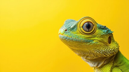 Close-up of vibrant green and yellow lizard against background