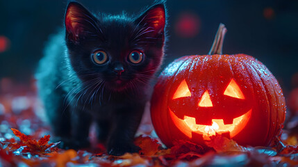 Naklejka premium Black Cat with a Jack-o'-Lantern