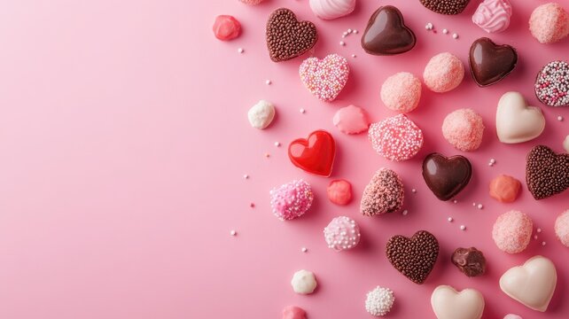 Assorted heart-shaped and round chocolates candies on pink background - Powered by Adobe