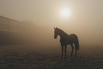 majestic horse stands in foggy landscape, illuminated by soft glow of sun. serene atmosphere evokes sense of calm and mystery, perfect for horse racing enthusiasts