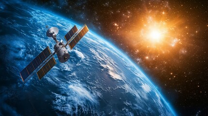 Fototapeta premium Astronomy banner with planet and spacecraft.