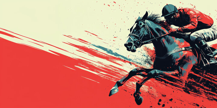 Dynamic horse racing scene featuring jockey in action, showcasing speed and excitement. vibrant colors and motion capture thrill of race