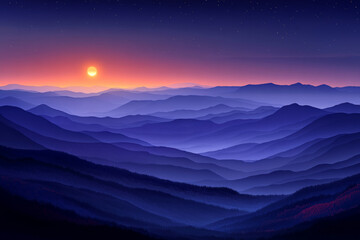 Obraz premium breathtaking sunset illuminates mountain landscape, casting vibrant hues across rolling hills. serene atmosphere evokes sense of peace and wonder