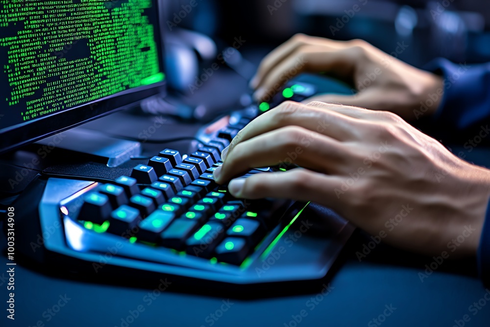 Poster A hyper-detailed shot of an ethical hacker typing, with intricate reflections of glowing green code on the screen and precise details of the keyboard and setup