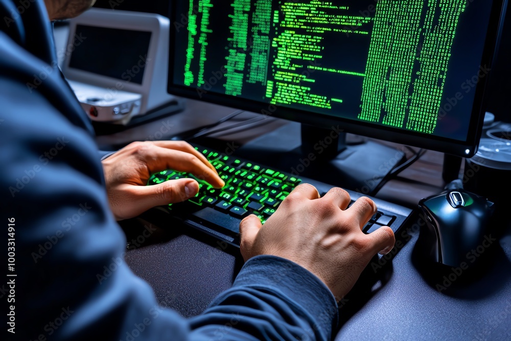 Poster A hyper-detailed shot of an ethical hacker typing, with intricate reflections of glowing green code on the screen and precise details of the keyboard and setup