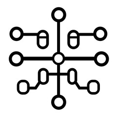 This line icon depicts a basic interface for data processing, showcasing a network of connections and nodes. It represents modern technological interactions