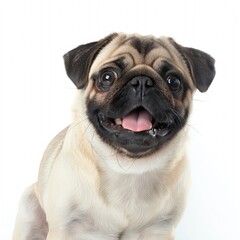 Cute pug dog isolated on white background. Playful dog breed with wrinkled face, brown fur, and adorable tongue. Close-up view of a happy, attentive pet with big eyes.