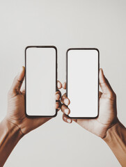 Two hands holding modern smartphone isolated on white background, mockup, copy space