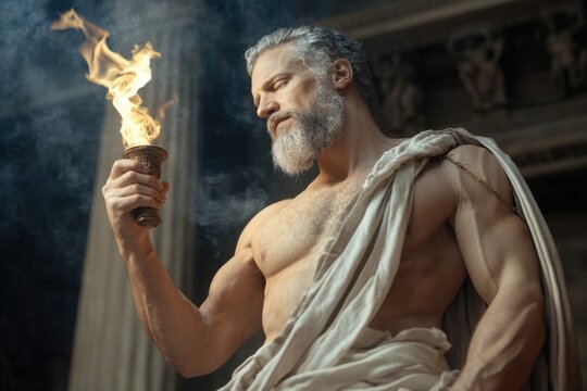 Titan of fire: An illustration of Prometheus, the Greek Titan defiance of the gods by bringing fire to humans, representing the profound impact on technology and the advancement of civilization.