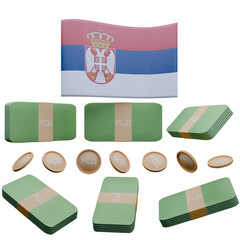 3D render illustration of Serbia flag and currency called Dinar