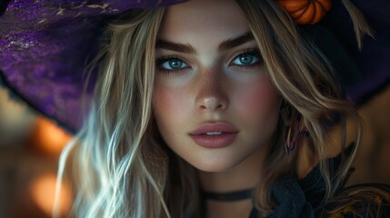 Naklejka premium Enchanting Witch in Autumn Setting with Pumpkins and Magical Atmosphere