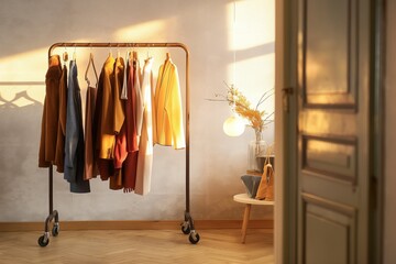 Fototapeta premium Blue wall with minimalist design serves as background for clothes rack in modern hall. Comfortable home decor with hangers for hanging clothes, shoes. Stylish, simple interior design for apartment,