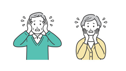 困って焦る高齢者男女の上半身イラスト
