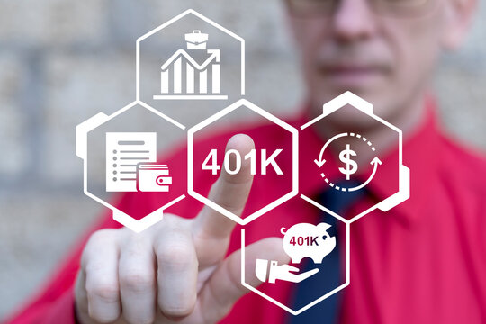 Business man working on virtual touch screen presses inscription: 401K. 401K Insurance Pension concept. 401K Retirement Account Statement.