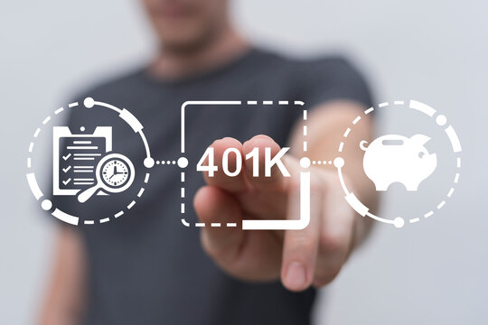 Man using virtual touch screen presses inscription: 401K. 401K Insurance Pension concept. 401K Retirement Account Statement.