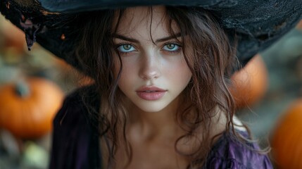 Fototapeta premium Enchanting Witch in Autumn Setting with Pumpkins and Magical Atmosphere