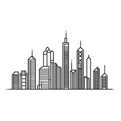 The design features a minimalist outline of a skyline showcasing an array of skyscrapers and urban structures in black, highlighting a contemporary city atmosphere