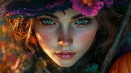 Enchanting Witch in Autumn Setting with Pumpkins and Magical Atmosphere