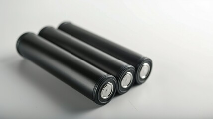 Three Black Cylindrical Batteries on White Surface