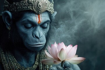 Hindu deity: Hanuman, revered as powerful figure in Ramayana, an avatar of Shiva, celebrated during major festivals such as Hanuman Jayanti, Ram Navami, Dasara, symbolizing strength, devotion.