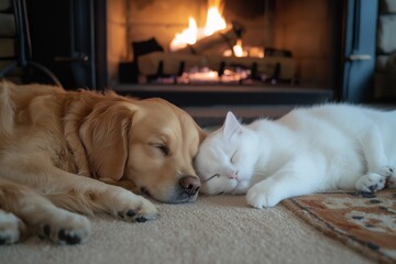 Cozy golden retriever and white cat sleeping by fireplace