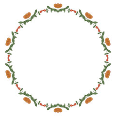 Round floral frame. Circular border with botanical design. Folk style. Wreath of red flowers on white background. Isolated vector illustration.